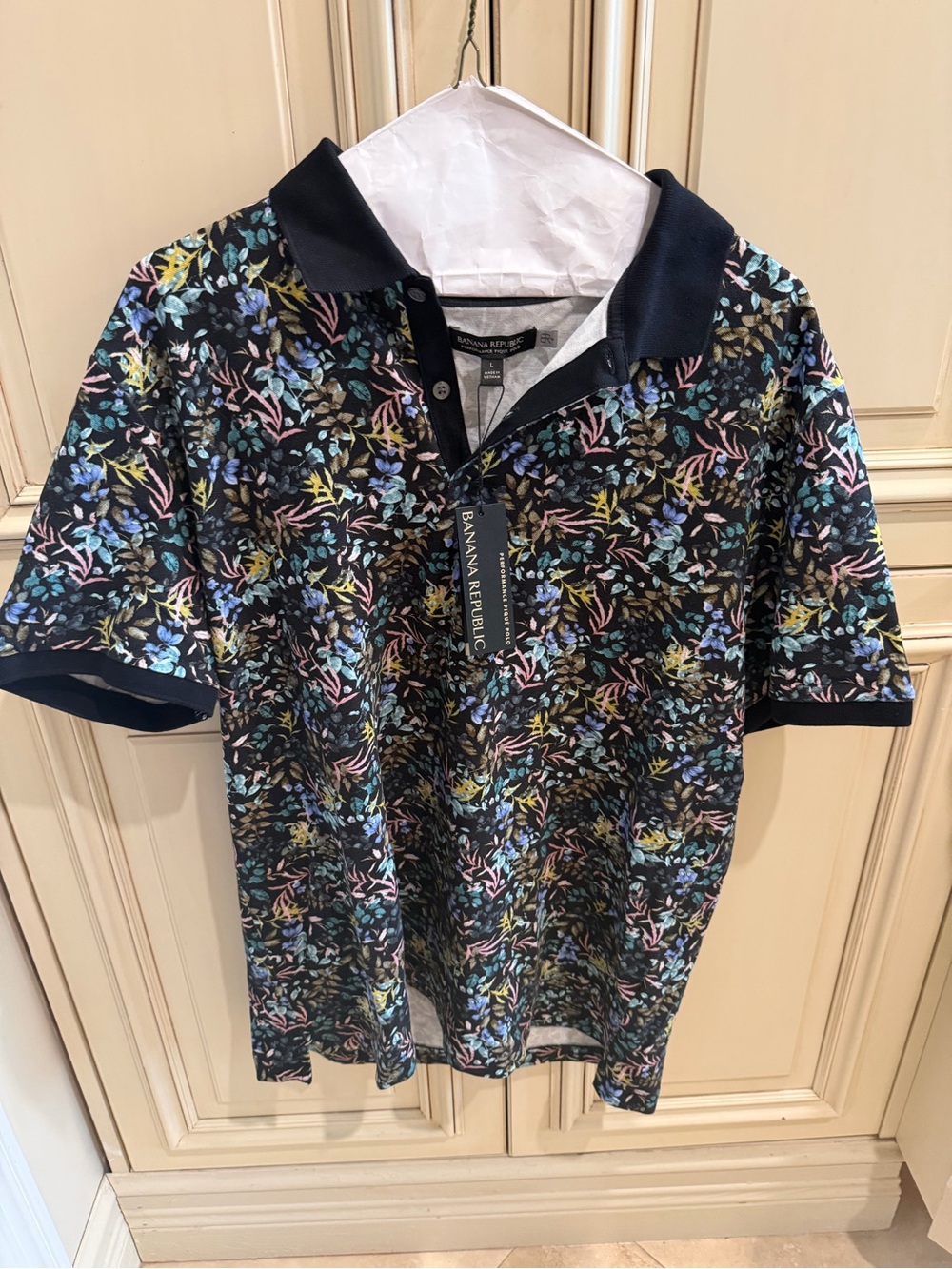 Banana Republic Black Floral Polo with Pastel Accents